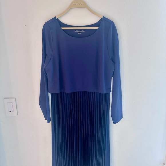 Soft Surroundings Cassandra Midi Dress Pleated Satin Skirt Navy Blue Large P - Picture 4 of 12